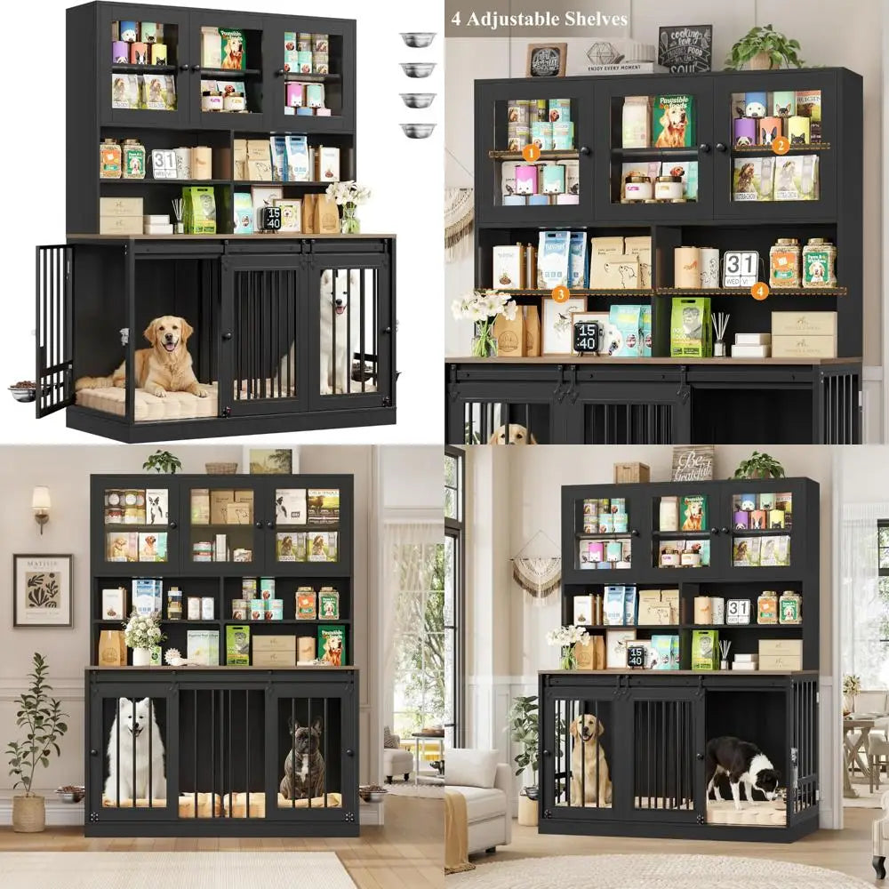 Double Dog Crate With Storage Hutch And Feeding Bowls Indoor
