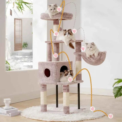 49 Inch Multi Level Cat Tower Condo with Hidden Space Steel Frame Plush Perch Hammock and Sisal Posts