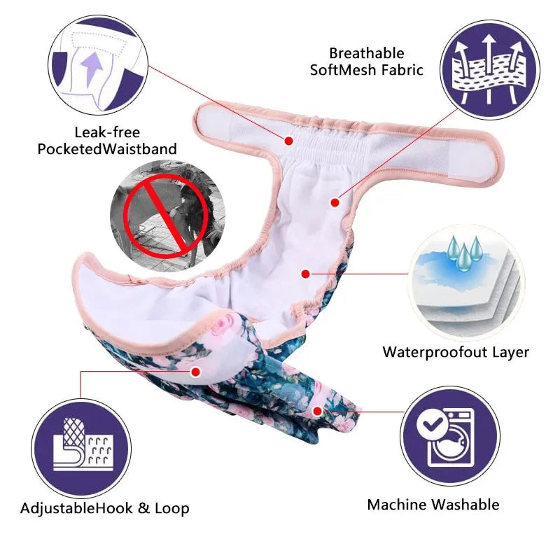 NONECN Adjustable Dog Diapers Female Reusable Washable Flower Pattern