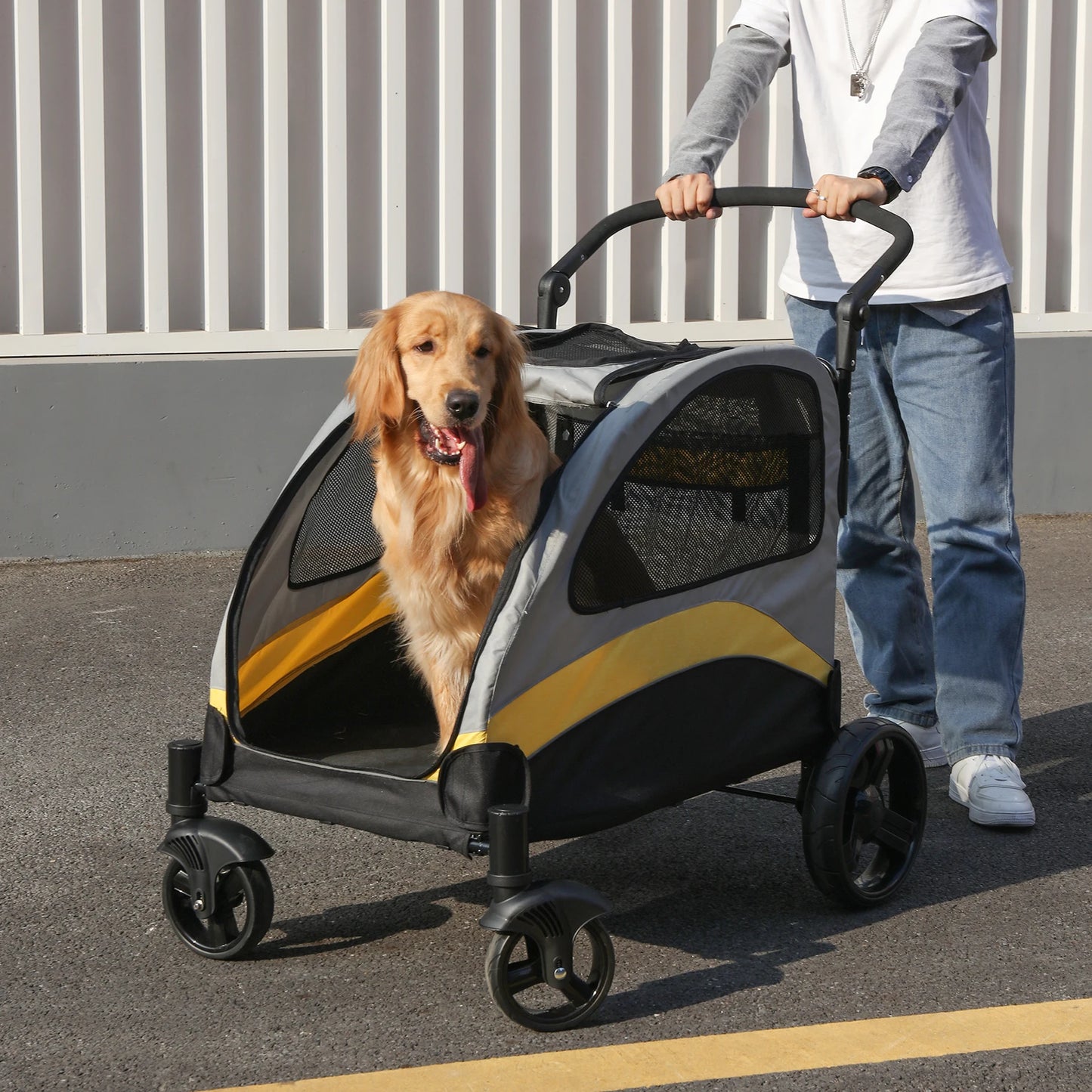 Portable 4Wheel Foldable Dog Stroller For Large Dogs Breathable Carrier