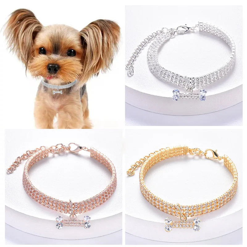 Adjustable Pet Necklace Crystal Collar Rhinestone Bone Pendant