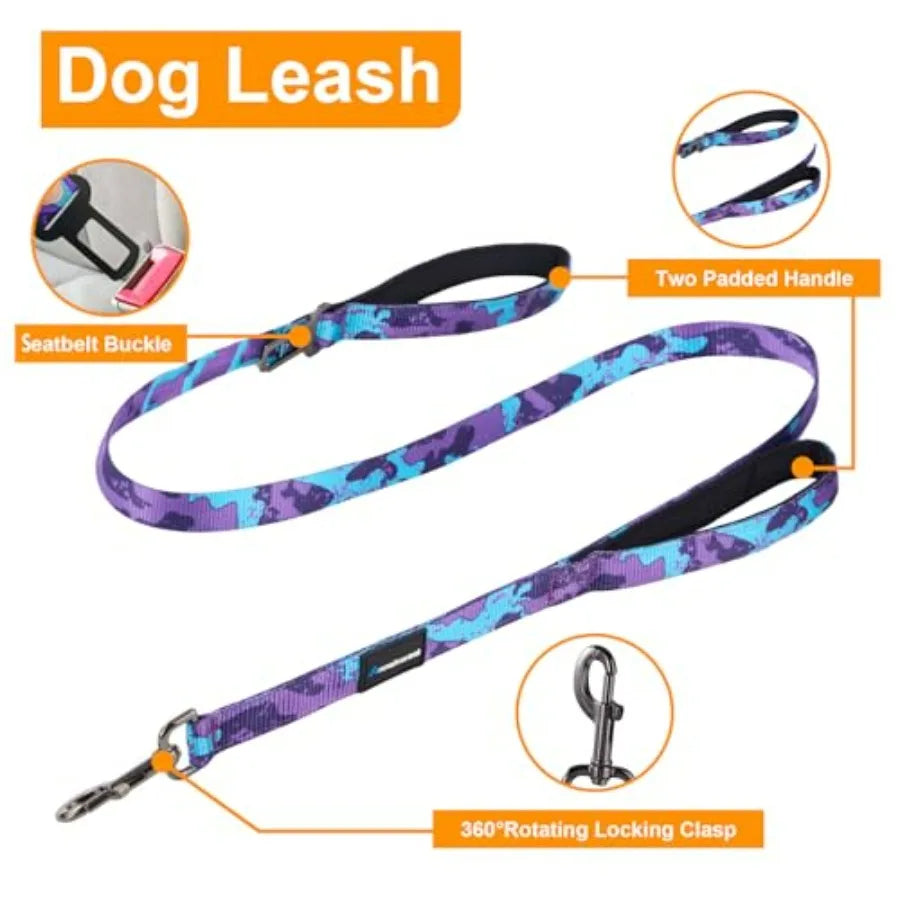 No Pull Dog Harness, Heavy Duty Collar and Leash Set-Leash with Double Handle and Car Seatbelt Clip-Easy Control for Walking Tr