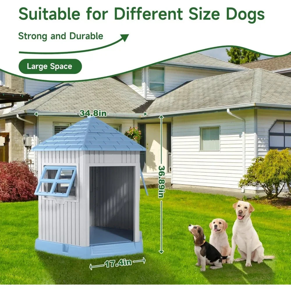 Dog House Indoor Outdoor Durable Large Dog Shelter with Outside Kennel with Window and Elevated Floor for Small Medium