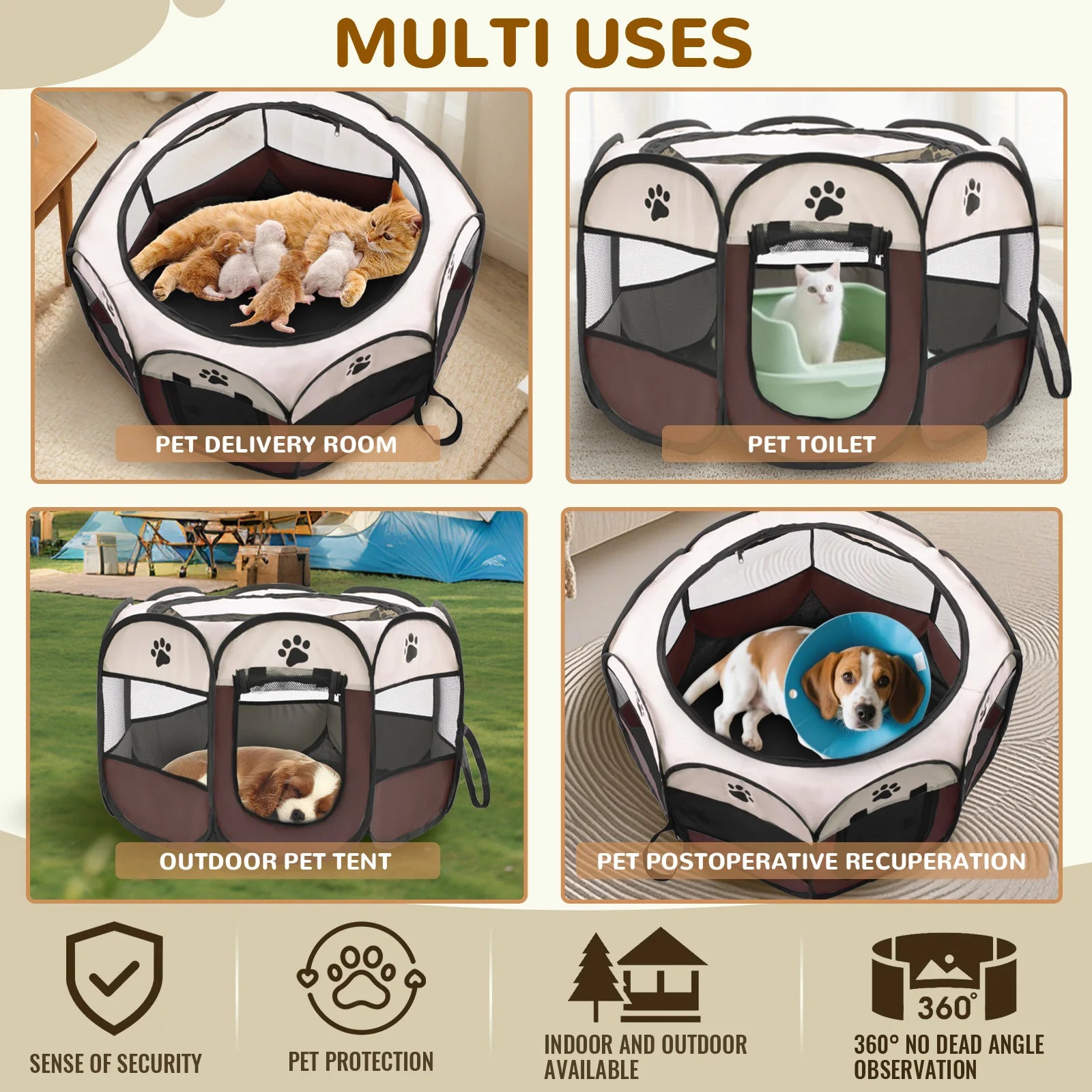 Foldable Pet Playpen for Dogs & Cats - Durable Oxford Cloth with Removable Zipper, Portable Octagonal Design for Indoor/Outdoor