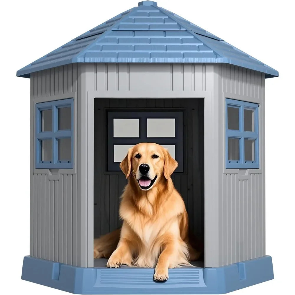 Dog House Indoor Outdoor Durable Large Dog Shelter with Outside Kennel with Window and Elevated Floor for Small Medium