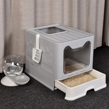 Foldable Space Saving Cat Litter Box With Front Entry Tray