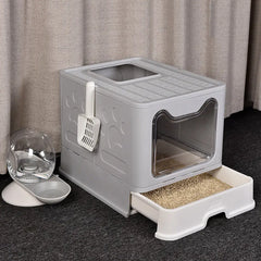 Foldable Space Saving Cat Litter Box With Front Entry Tray