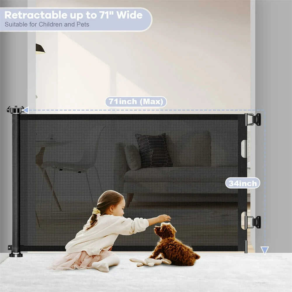 71in Extra Wide Retractable Baby Gate No-Drill Childproof Net Fence 34in Tall Mesh Baby Safety Gate for Stairs Dog Gate Black