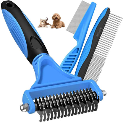 3PC Pet Grooming Kit: Rake, Comb & Flea Comb for Dogs Cats, Double-Sided Dematting Brush, Removes Tangles & Loose Hair (Blue)
