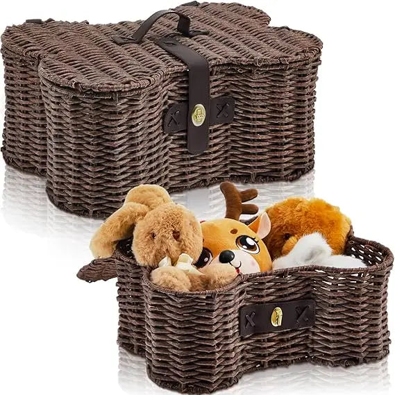 Dog Toy Basket With Lid Bone Shaped Natural Wicker Organizer