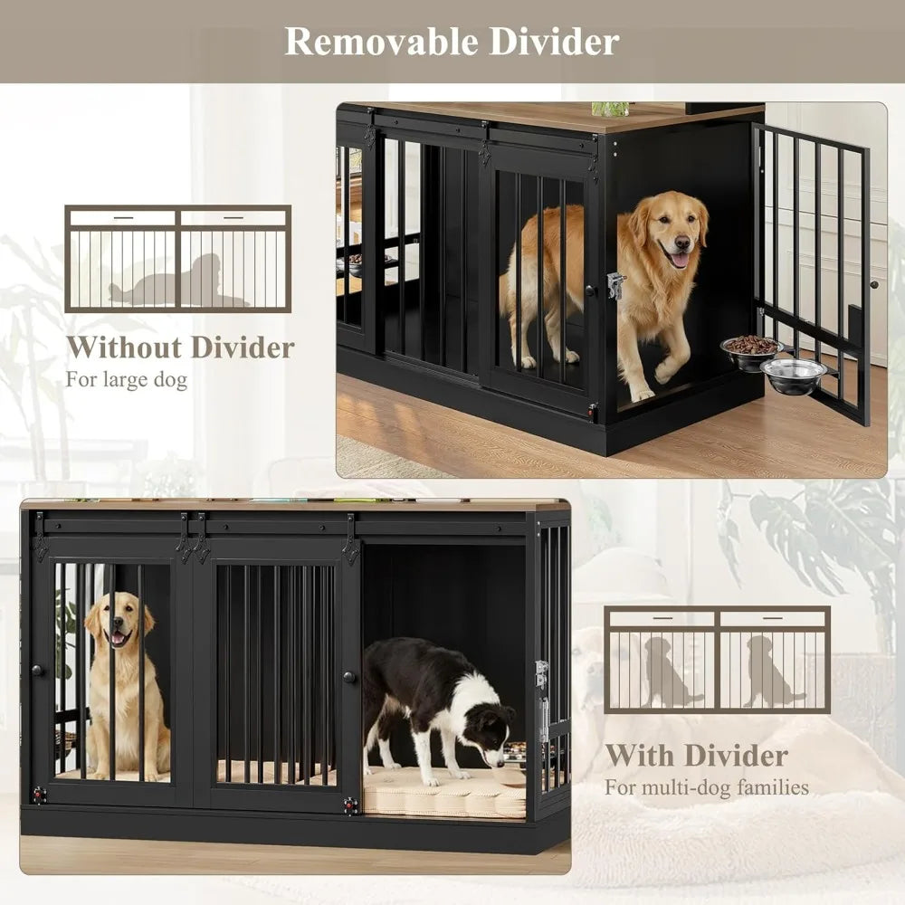 Double Dog Crate With Storage Hutch And Feeding Bowls Indoor