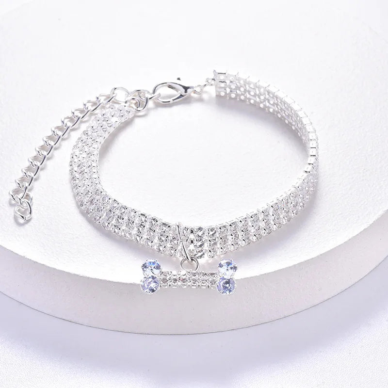 Adjustable Pet Necklace Crystal Collar Rhinestone Bone Pendant