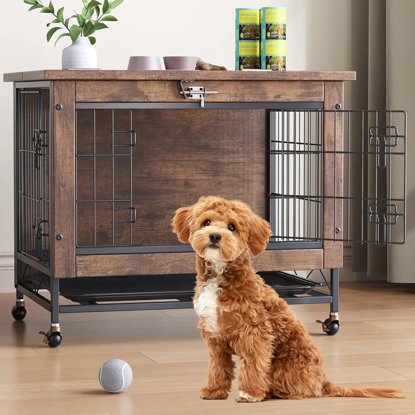 TWISTER.CK Dog Crate Furniture Double-Door Kennel with Wheels Removable Tray