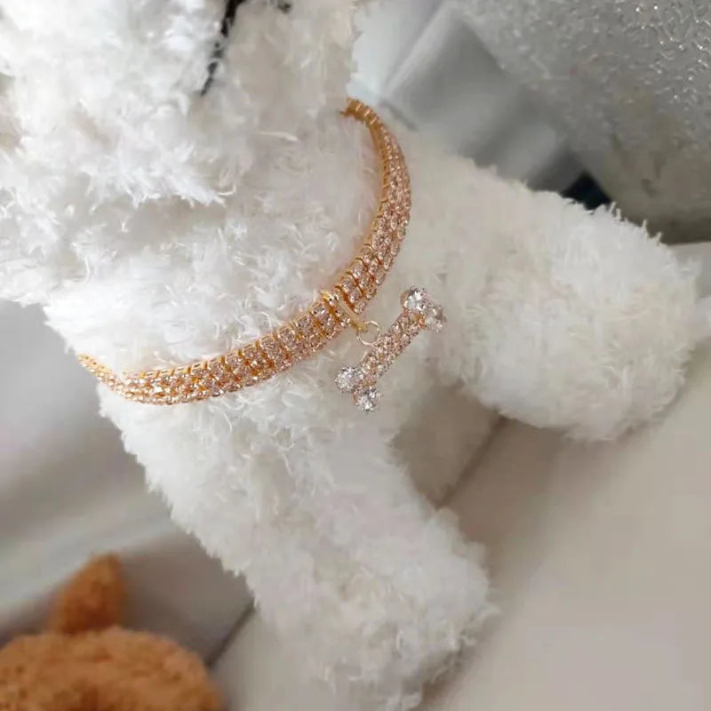 Adjustable Pet Necklace Crystal Collar Rhinestone Bone Pendant