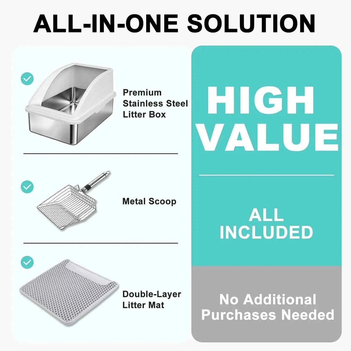 XL Stainless Steel Enclosed Cat Litter Box with Lid, High Sided Anti-Urine Leakage, Non-Stick Bottom, Includes Mat & Metal Scoop