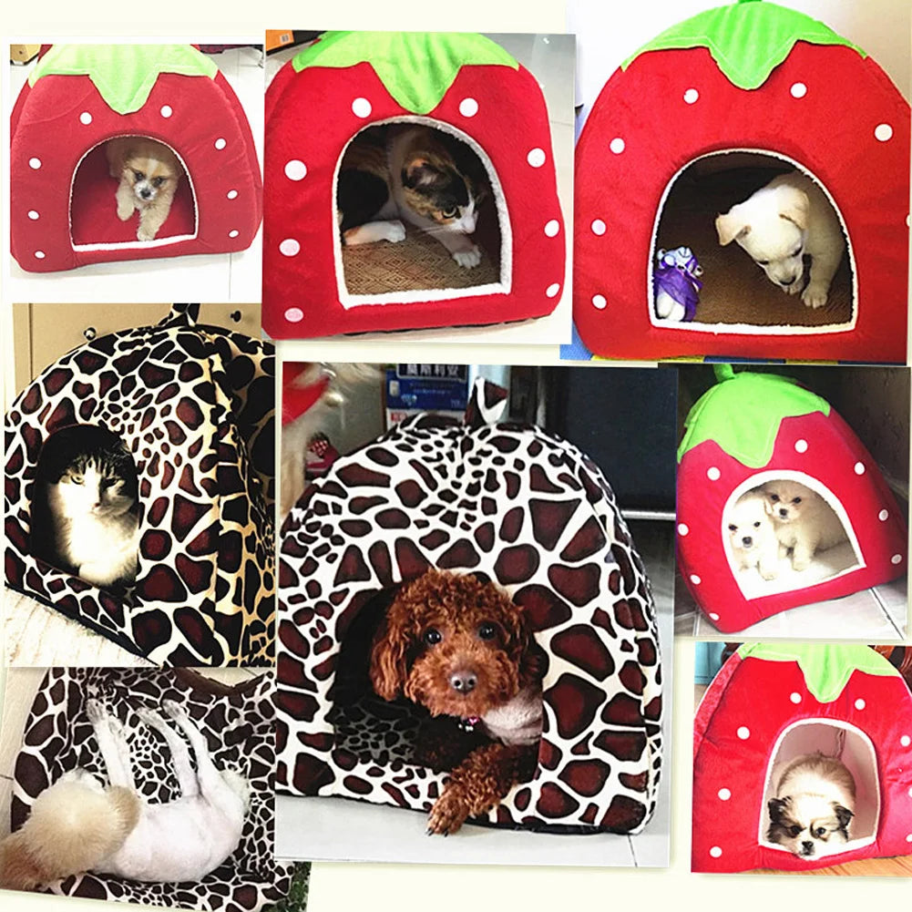 Strawberry Puppy Kennels Washable Pets Cave Sofa Half-Closed Fluffy Dogs Room Pets Sleeping Nest for Winter Indoor