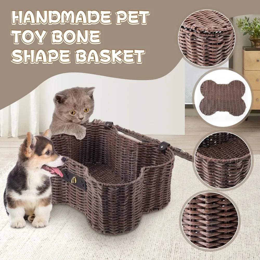 Dog Toy Basket With Lid Bone Shaped Natural Wicker Organizer