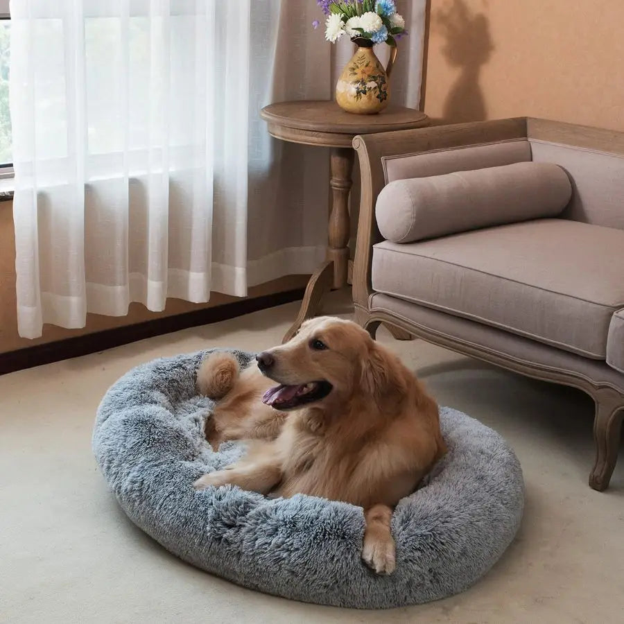 Oval Calming Donut Cuddler Pet Bed Shag Faux Fur Washable