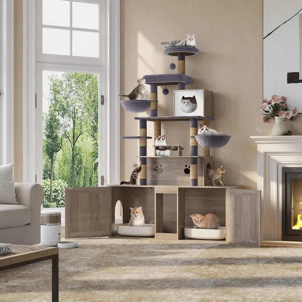 Cat Tree With Litter Box Enclosures All In One Tower
