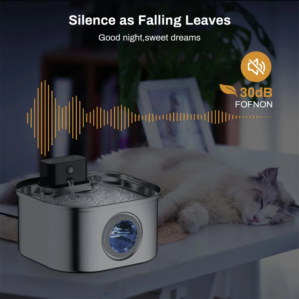 Wireless Stainless Steel Pet Water Fountain, 3.2L Automatic Cat Water Feeder with Motion Sensor,  Dog Water Bowl（No 5V 1A Plug）