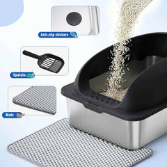JHK Stainless 24IN Steel Cat Litter Box with Lid Large Cat Litter Box for Big Cats Anti-Urine Leakage Scoop and Mat Included