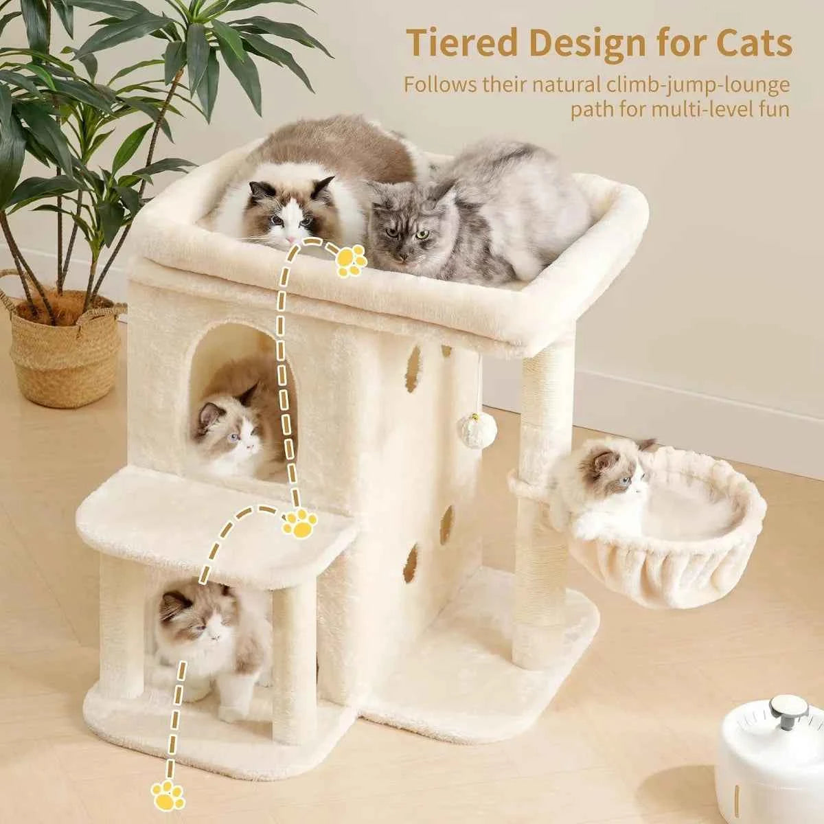 25.6 inch tall cat tower with large perch dual condos sisal posts cozy basket and dangling toy for big cats