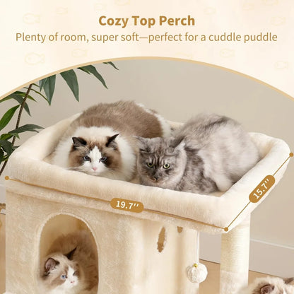 25.6 inch tall cat tower with large perch dual condos sisal posts cozy basket and dangling toy for big cats