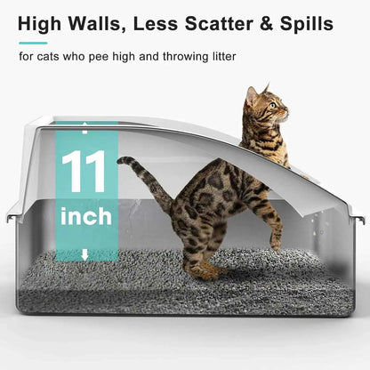 XL Stainless Steel Enclosed Cat Litter Box with Lid, High Sided Anti-Urine Leakage, Non-Stick Bottom, Includes Mat & Metal Scoop
