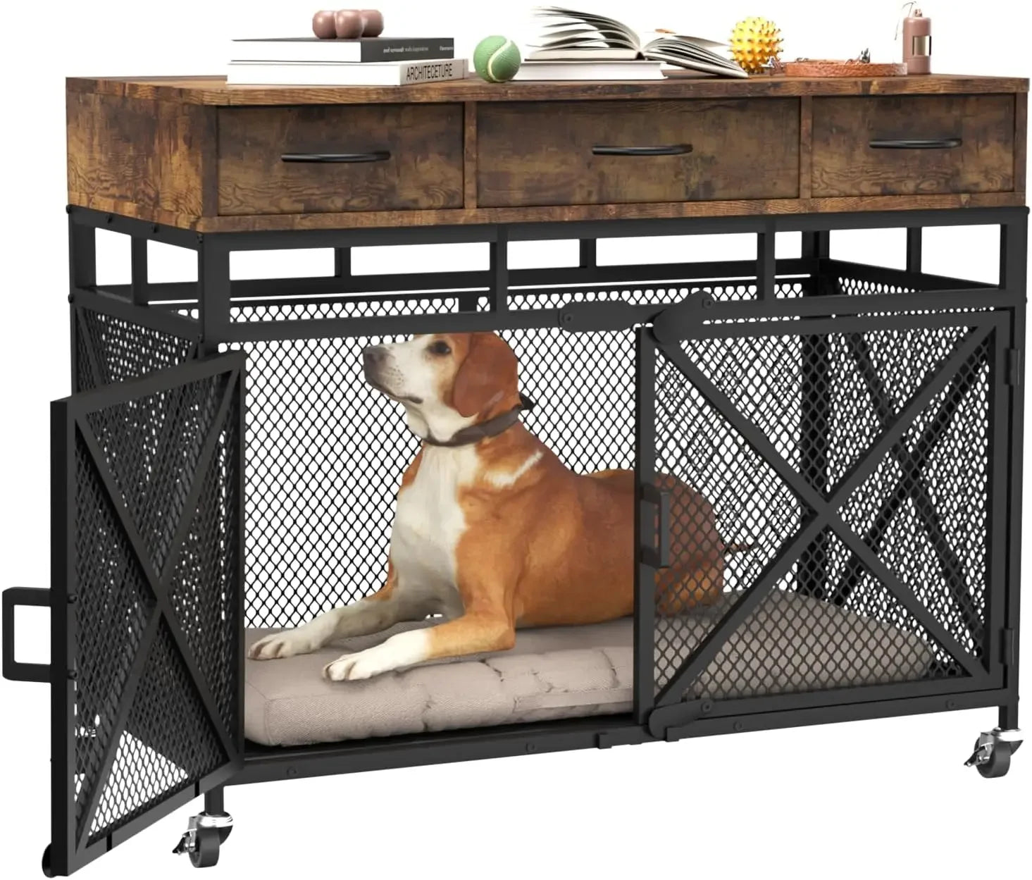 43.3 Inch Large Dogs Crate, Wooden Dogs Kennels with Drawers, Heavy Duty Dogs Crate Furniture-Style Indoor, Decorative Dog Cage