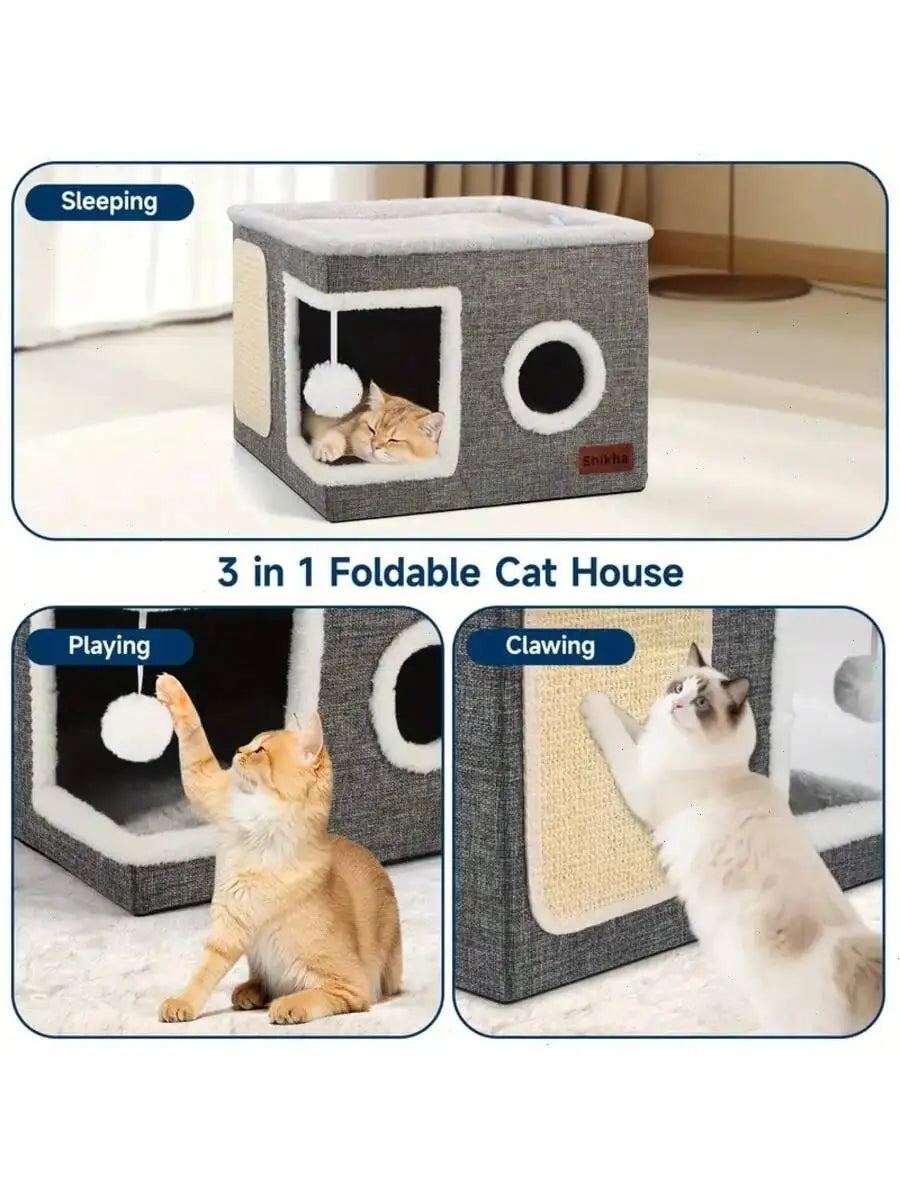 Multi Level Cat House With Foldable Play Cube Bed Tunnel