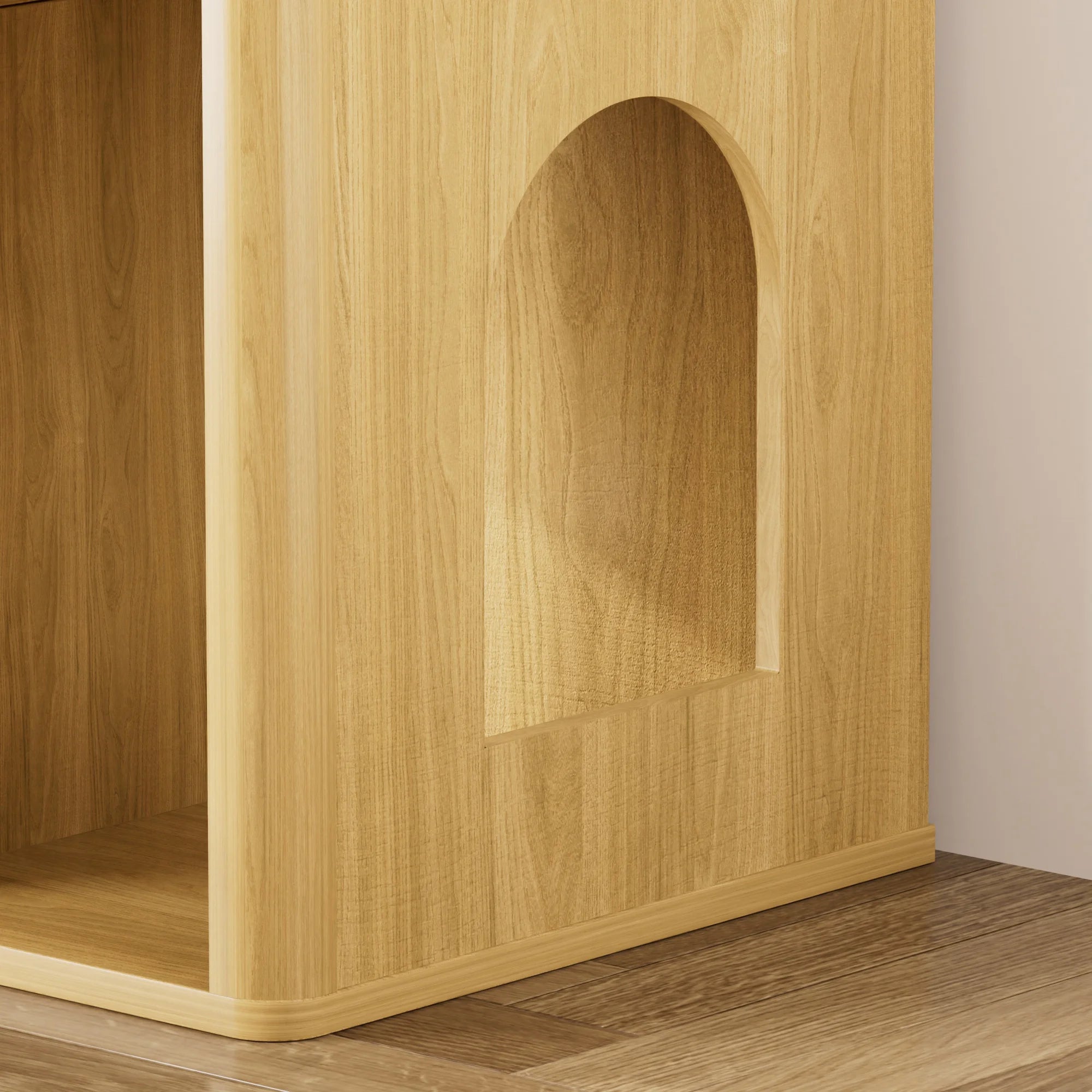 31.5" Light Wood Cat Litter Cabinet with Cat Tree, Hidden Litter Box Furniture with Dual Doors & Storage Shelves, Multi-Functional Pet Station for Living Room & Bedroom