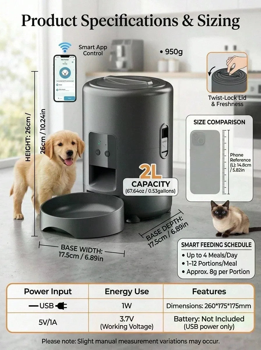 PETSIN 2L/67.64oz automatic cat feeder, smart cat feeder, smart pet feeder, dual-band 2.4G WiFi automatic dog feeder, round automatic cat food dispenser, with app control, remote control cat and dog food dispenser for small p