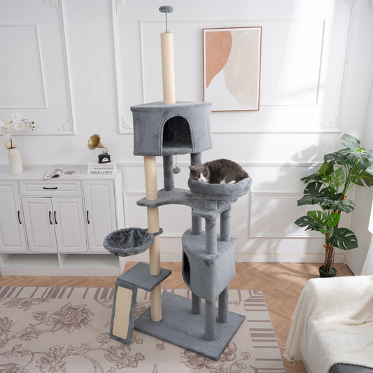105 Inch Cats Tree Cat Tower Indoor Multi-Level Cat Condo with 3 Perches 2 Caves Basket Scratching Board For Kittens Pet House