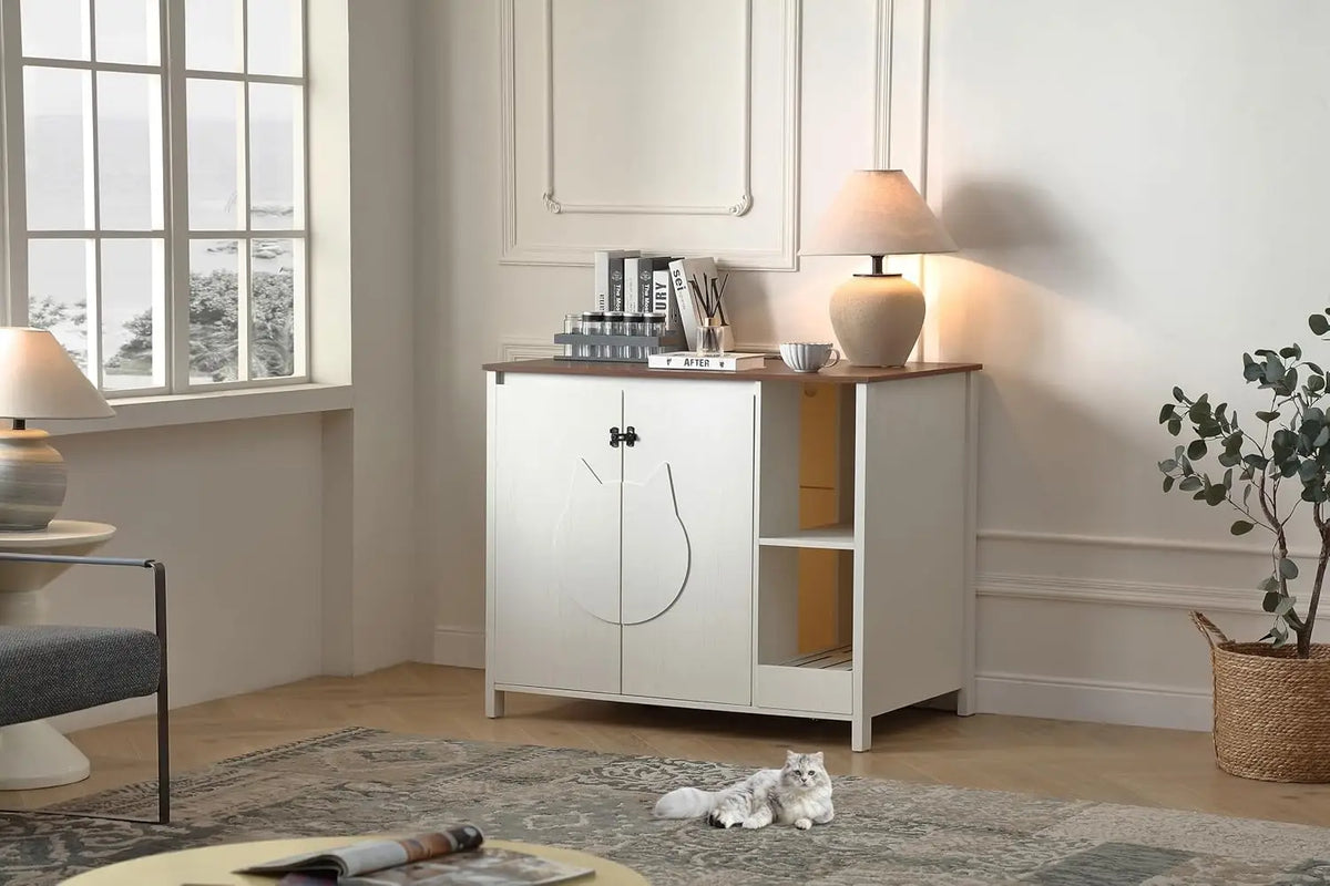 71" Dog Proof Cat Litter Box Enclosure, Litter Collector & Outlet, LED Cabinet for Self Cleaning Box, White, Custom
