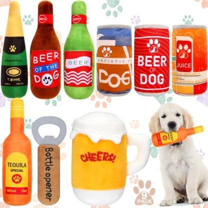 YAO HUI HUANG 9Pcs Beer Dog Squeaky Plush Toys Set