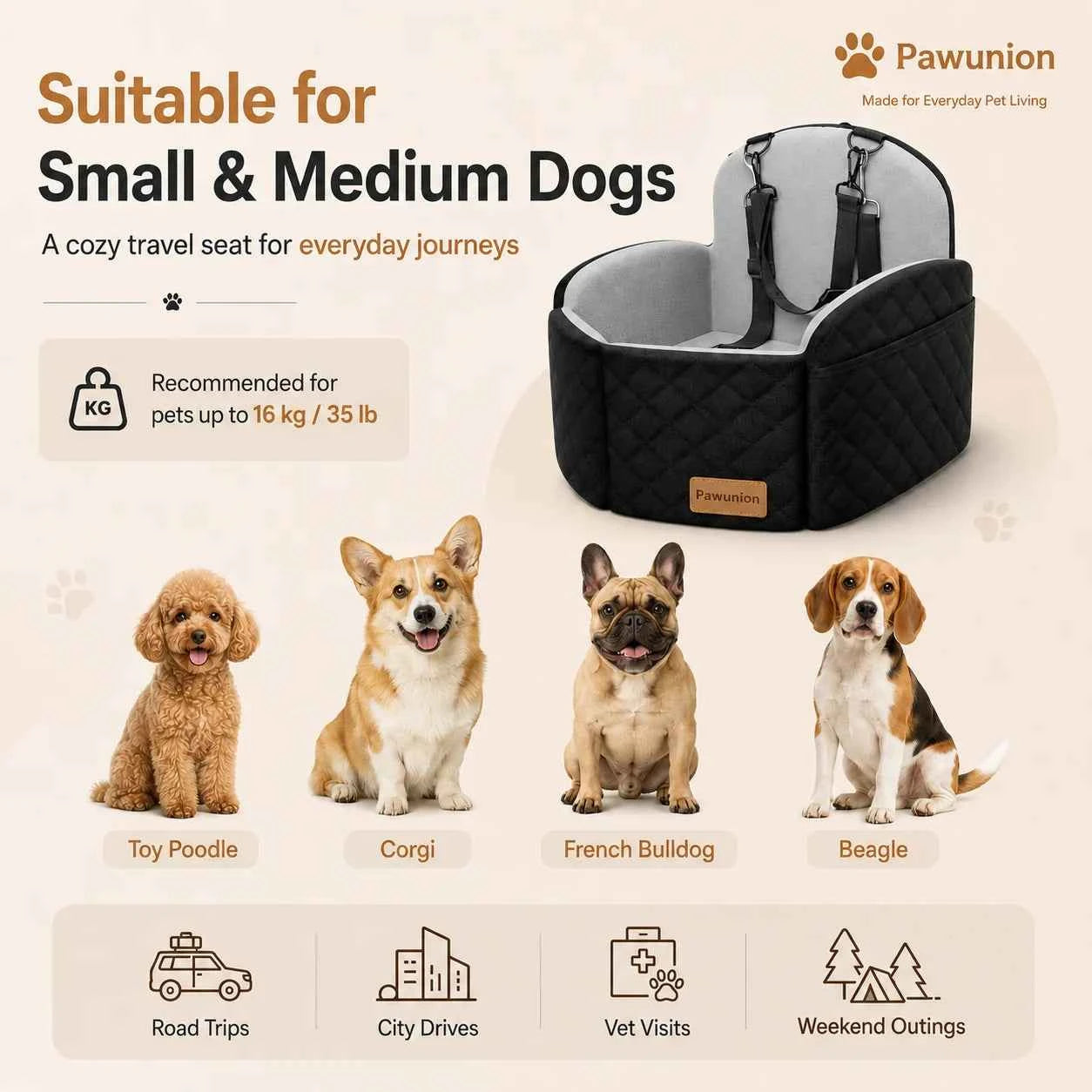Dog Car Seat for Small/Medium/Large Dogs, Memory Foam Dog Booster Seat with Thick Cushion cool mat up to 55 lbs or 2 Small Dogs, Travel Pet Car Seat with Detachable Washable Cover, 2 Safety Leashes