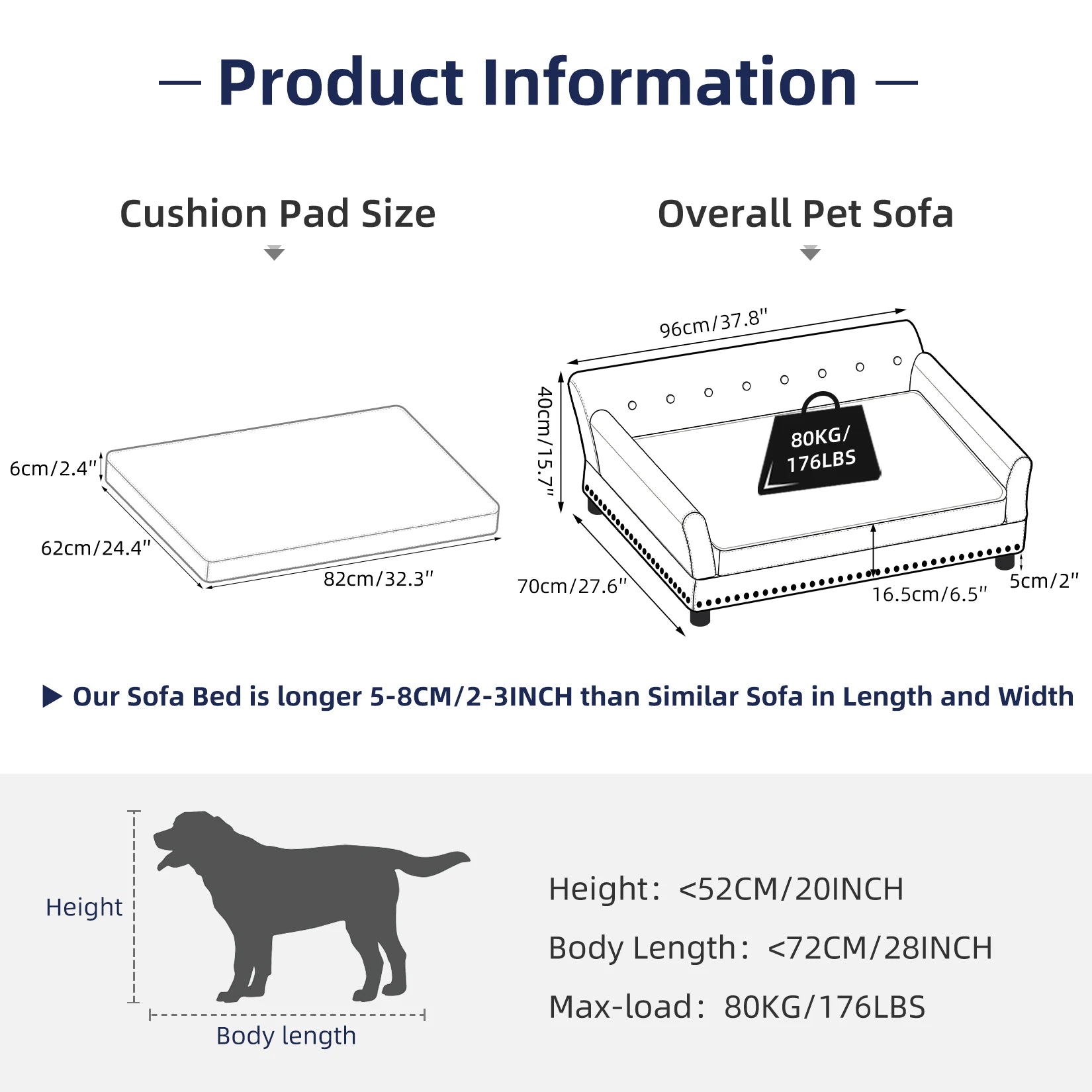 Extra Large Dog Sofa Couch Bed for Medium to Large Dogs Elevated Pet Sofa Lounge Furniture Removable Sponge Cushion