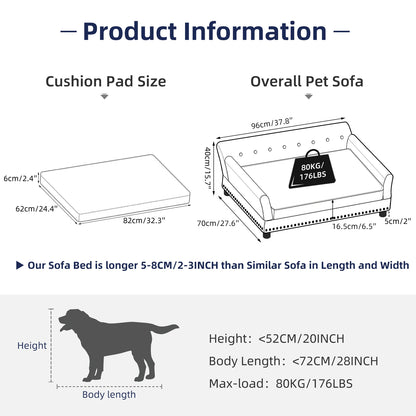 Extra Large Dog Sofa Couch Bed for Medium to Large Dogs Elevated Pet Sofa Lounge Furniture Removable Sponge Cushion