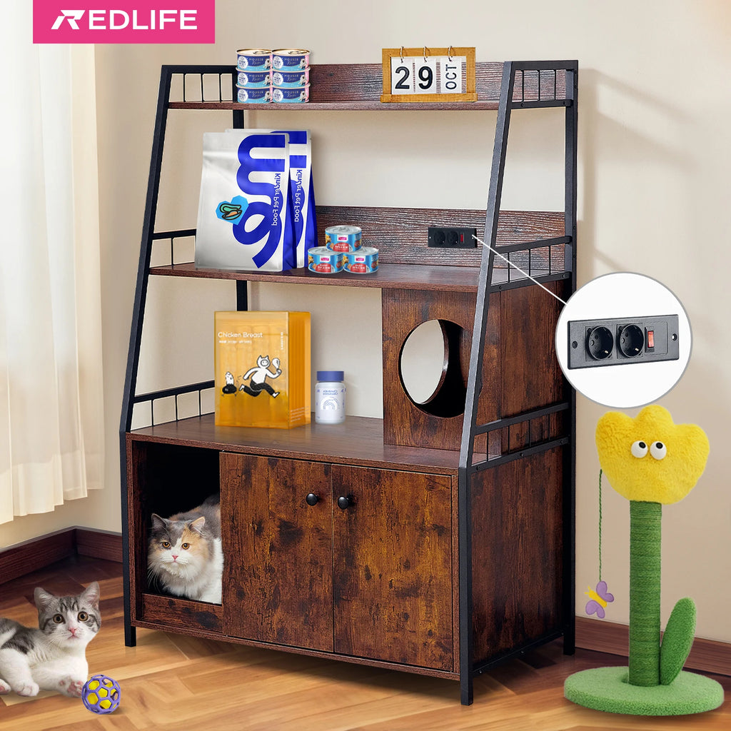 Redlife Cat Litter Box Enclosure With 3 Shelves And Doors