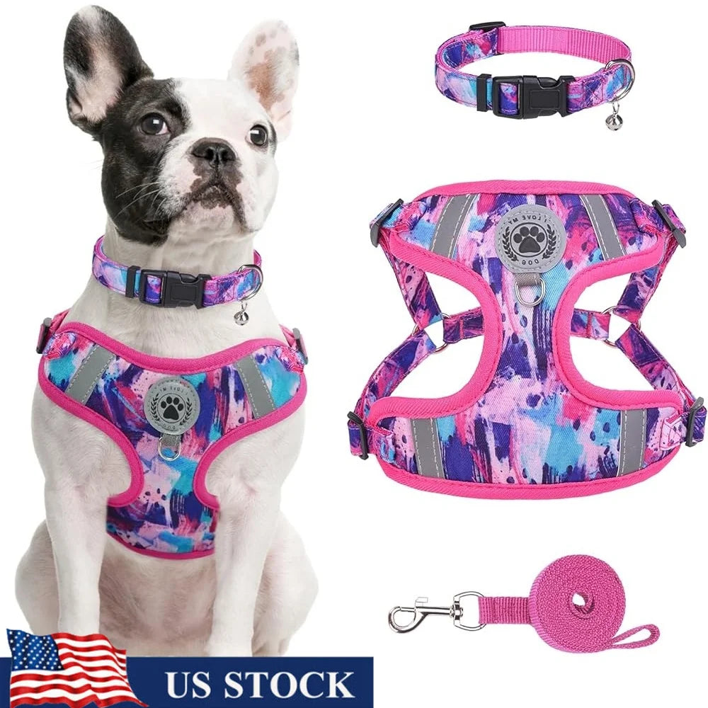 Adjustable No Pull Dog Harness Leash Collar Set Reflective