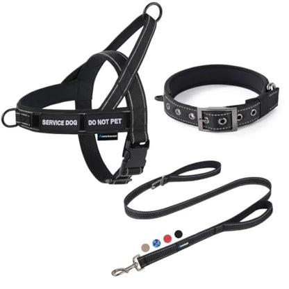 No Pull Dog Harness, Heavy Duty Collar and Leash Set-Leash with Double Handle and Car Seatbelt Clip-Easy Control for Walking Tr