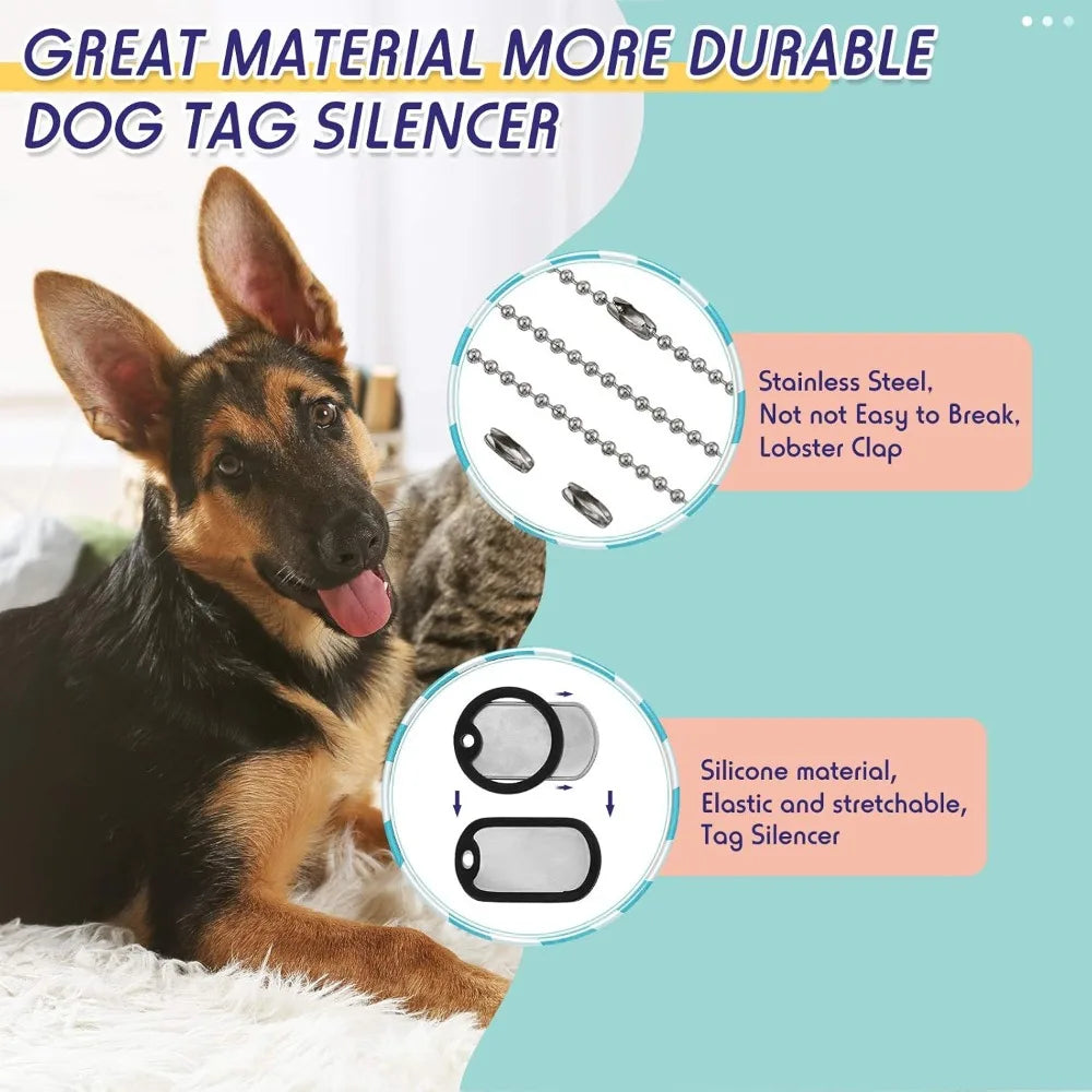 8 Pcs Dog Tag Silicone Military Engraved Dog Tag with 4 Stainless Steel Chain Black Army Pet Tags Cover Rubber ID Prot