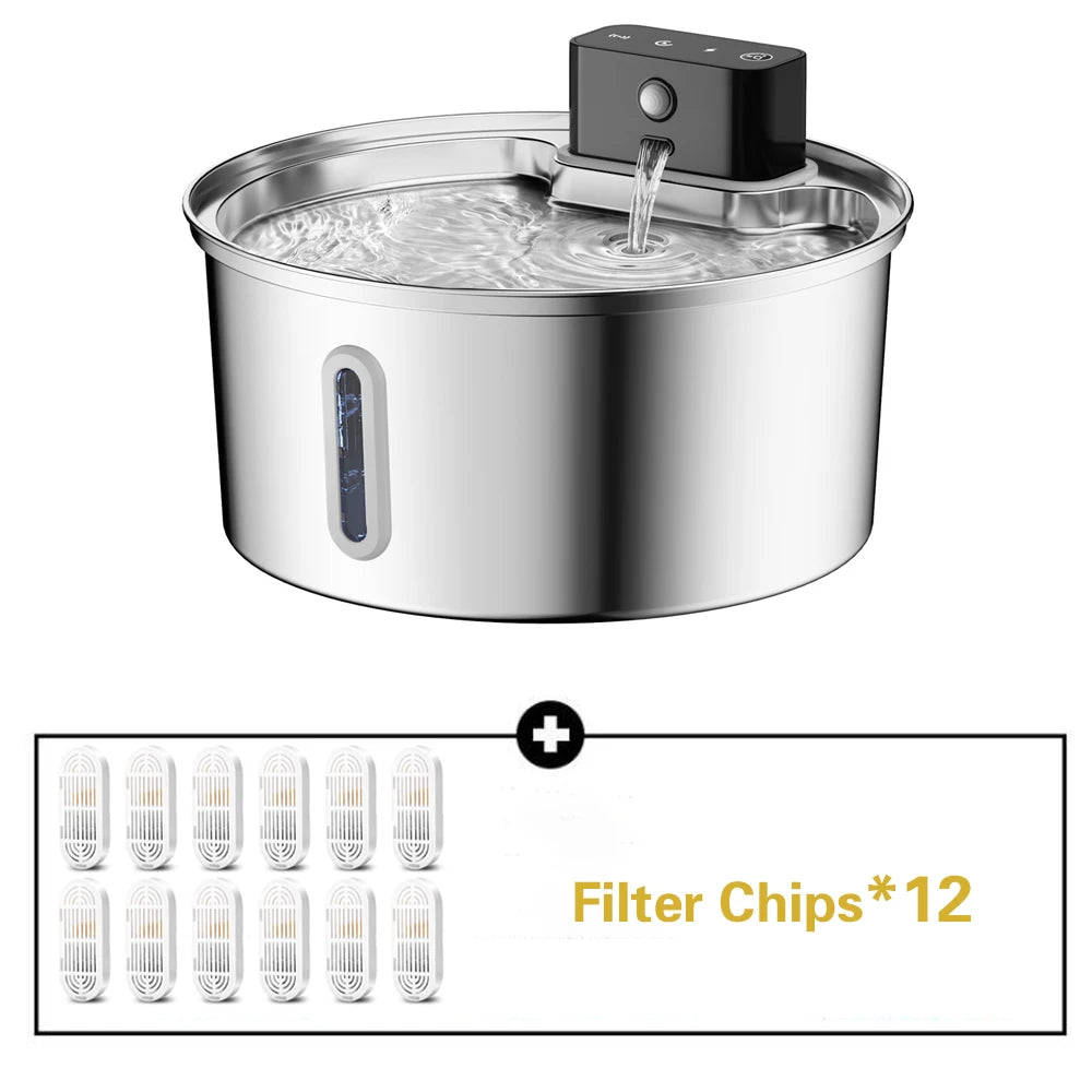 Wireless Stainless Steel Pet Water Fountain, 3.2L Automatic Cat Water Feeder with Motion Sensor,  Dog Water Bowl（No 5V 1A Plug）