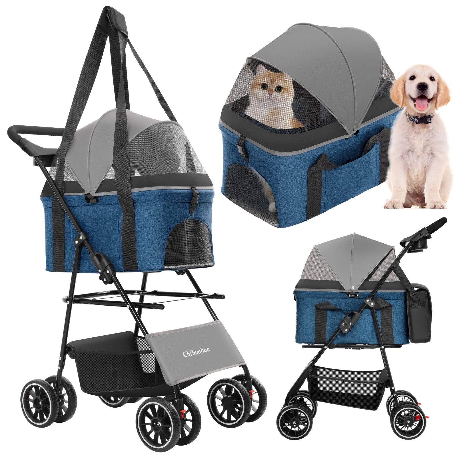 Chihuahua 2-In-1 Foldable 4-Wheel Pet Stroller With Detachable Carrier