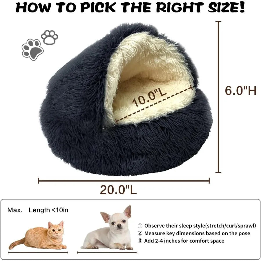 Round Plush Fluffy Hooded Cat Bed Cave Cozy for Indoor Cats or Small Dogs Soothing Doughnut-Shaped Anti-Anxiety Pet Bed with Wa