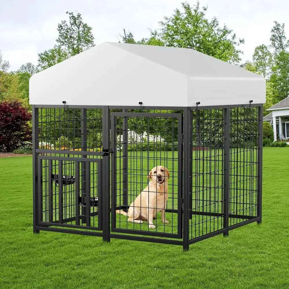 Outdoor Metal Dog Kennel with Roof - 4ft x 4ft Enclosure for Pets