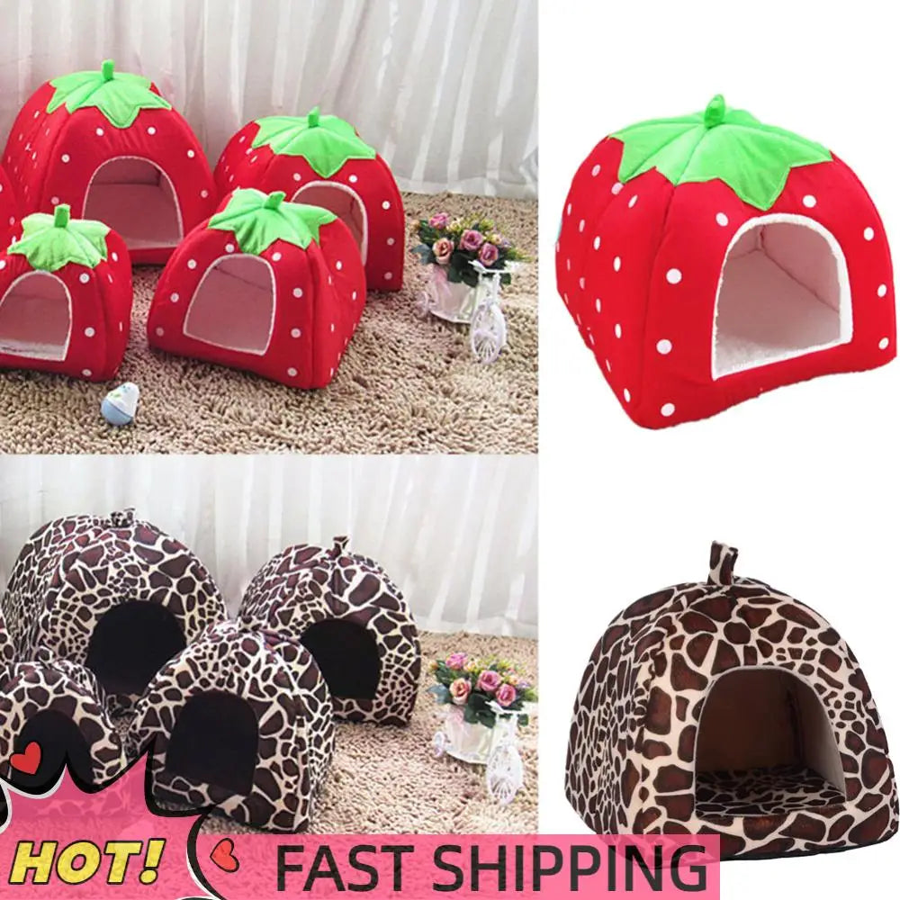 Strawberry Puppy Kennels Washable Pets Cave Sofa Half-Closed Fluffy Dogs Room Pets Sleeping Nest for Winter Indoor