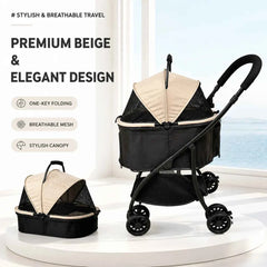Pet Stroller 2-in-1 Detachable with Removable Lightweight Carrier Basket One-Click Fold 4-Wheel Dog Cat Trolley Breathable Mesh Windows Large Storage Space for Small Medium Pets