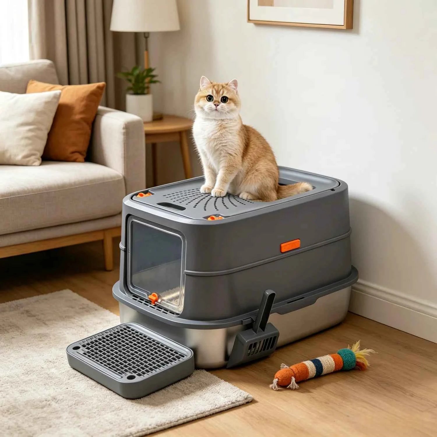 Enclosed Stainless Steel Cat Litter Box with Lid Extra Large for Big Cats Kitty Metal Litter Pan Tray High Wall Sides