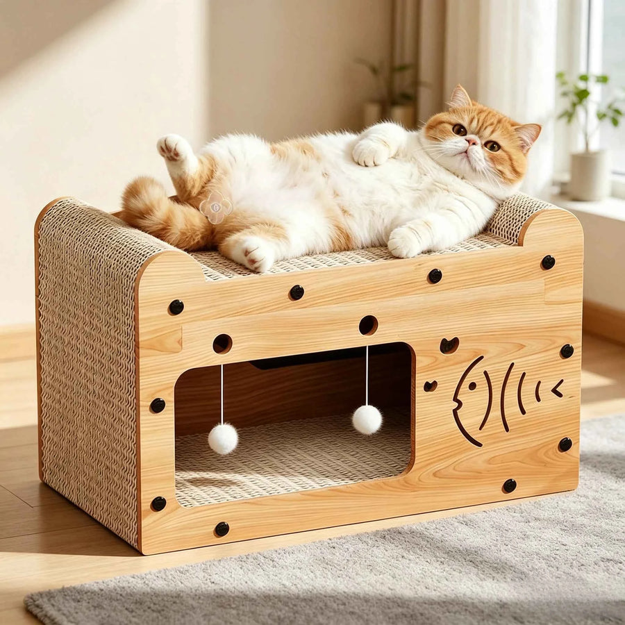 2 In 1 Double Layer Cardboard Cat Scratcher Lounge Bed Bubble Fish Star Moon Double Cat Head Pattern Detachable Upper Platform Cat Hideaway With 2 Hanging Pom Pom Balls For Multi Cat Households